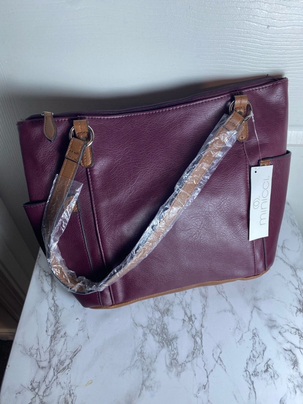 Burgundy Faux Leather Tote Bag with Tan Trim